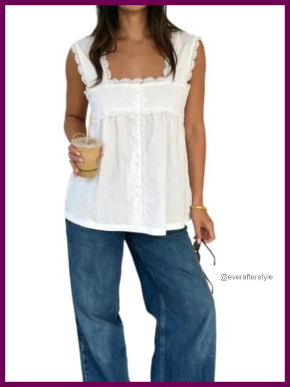 Lace Trim Square Neck Sleeveless Tank Top Loose Fit Cami